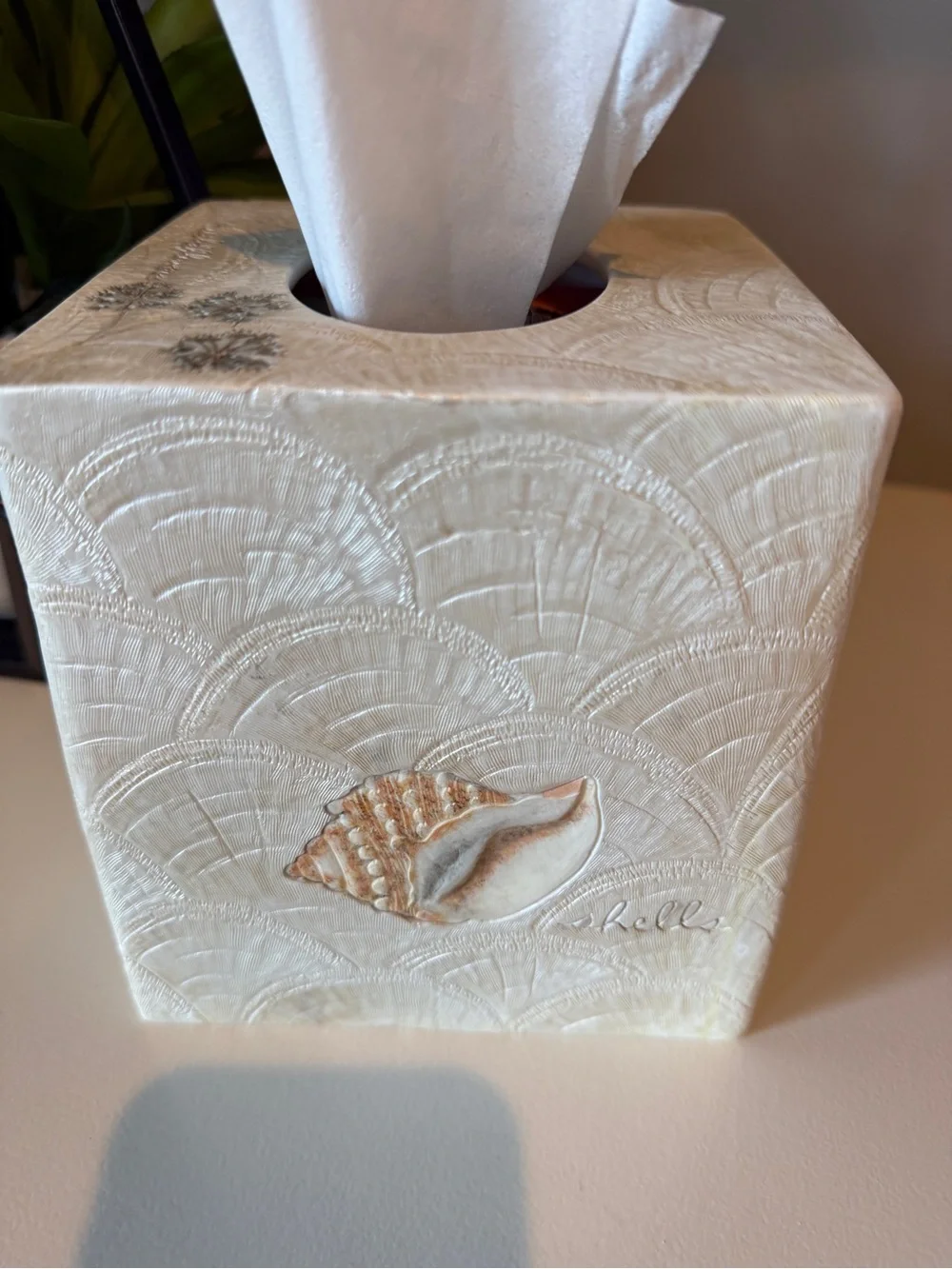 Vintage tissue box cover coastal, beach,lake hand painted seashells & wildflower